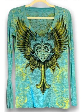 Sinful Long Sleeve Top Wings Heart Design Blue Yellow Distressed Style - M